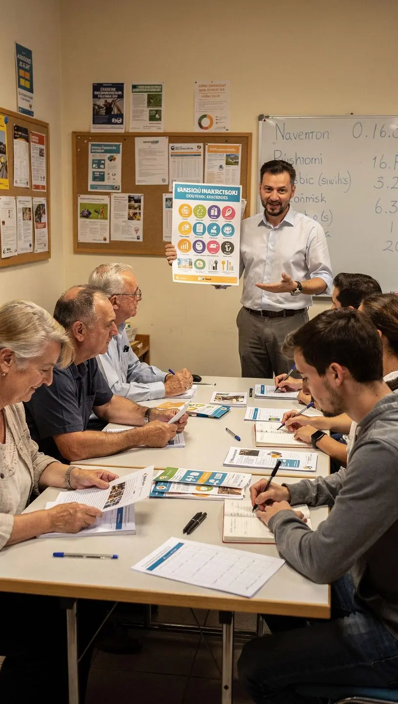 Pénzügyi tervező kitöltése és jegyzetelés egy személyes pénzügyi alapokat bemutató találkozón.