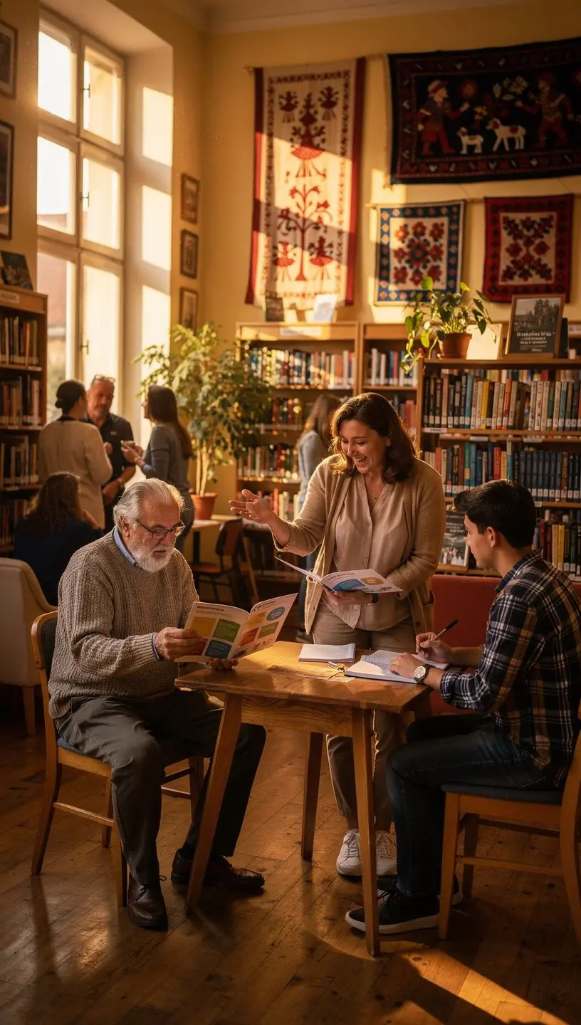 Közösségi klub tagjai könyveket és pénzügyi tervezőket böngésznek egy barátságos boltban.