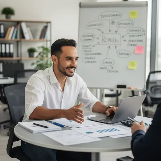 Pénzügyi tervező használata egy személyes találkozón, oktató jelleggel.