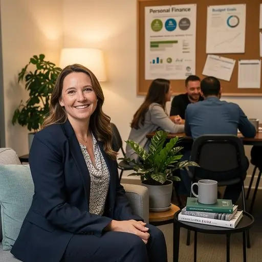 Közösségi klub helyiség, ahol pénzügyi tanácsadóval folytatnak megbeszélést.